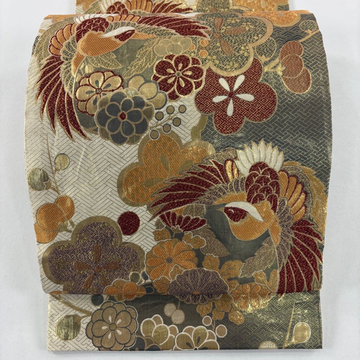 袋帯 秀品 鳳凰 梅 箔 金糸 クリーム 六通 正絹 【中古】 - メルカリ