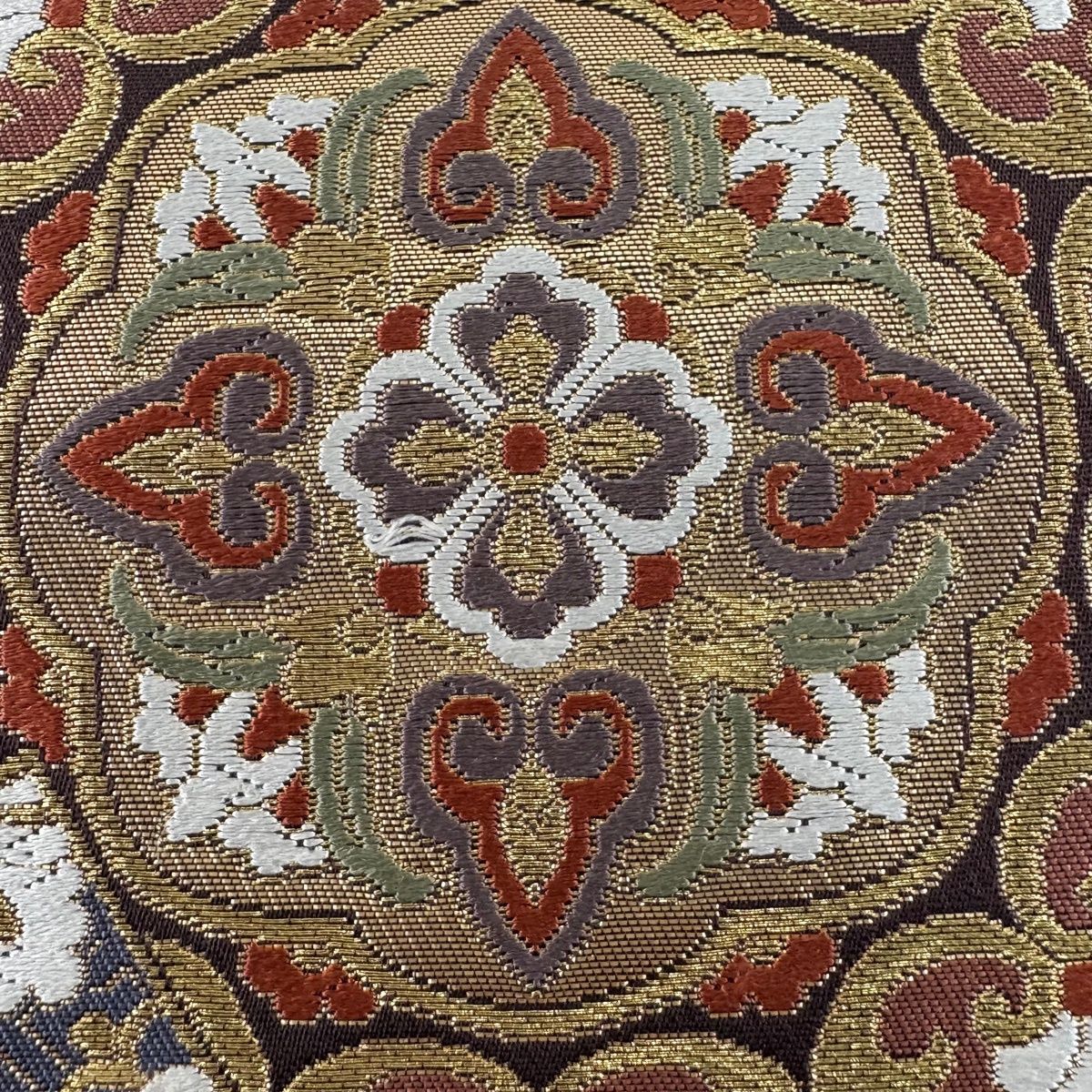 美品】 袋帯 秀品 名物裂華文 唐織 箔 焦茶色 六通 正絹 【中古