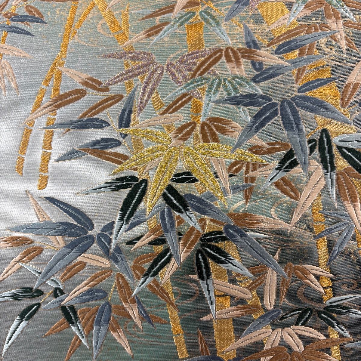 袋帯 秀品 落款 竹 流水 金糸 箔 薄緑 お太鼓柄 正絹