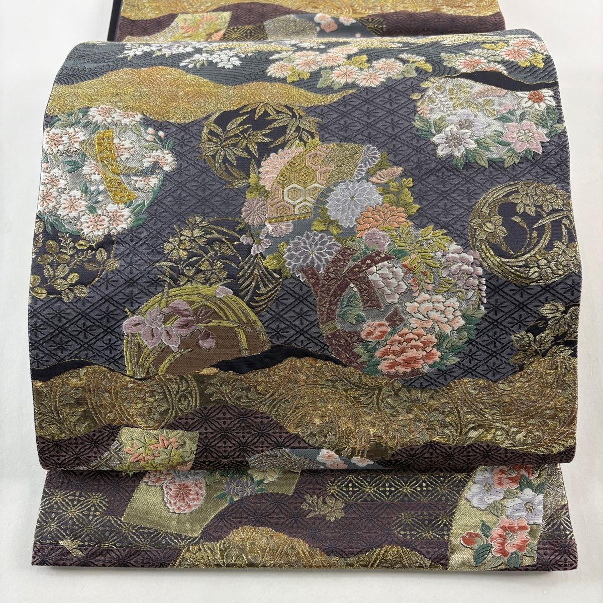 袋帯 秀品 鼓 花丸文 金銀糸 箔 紫 六通 正絹