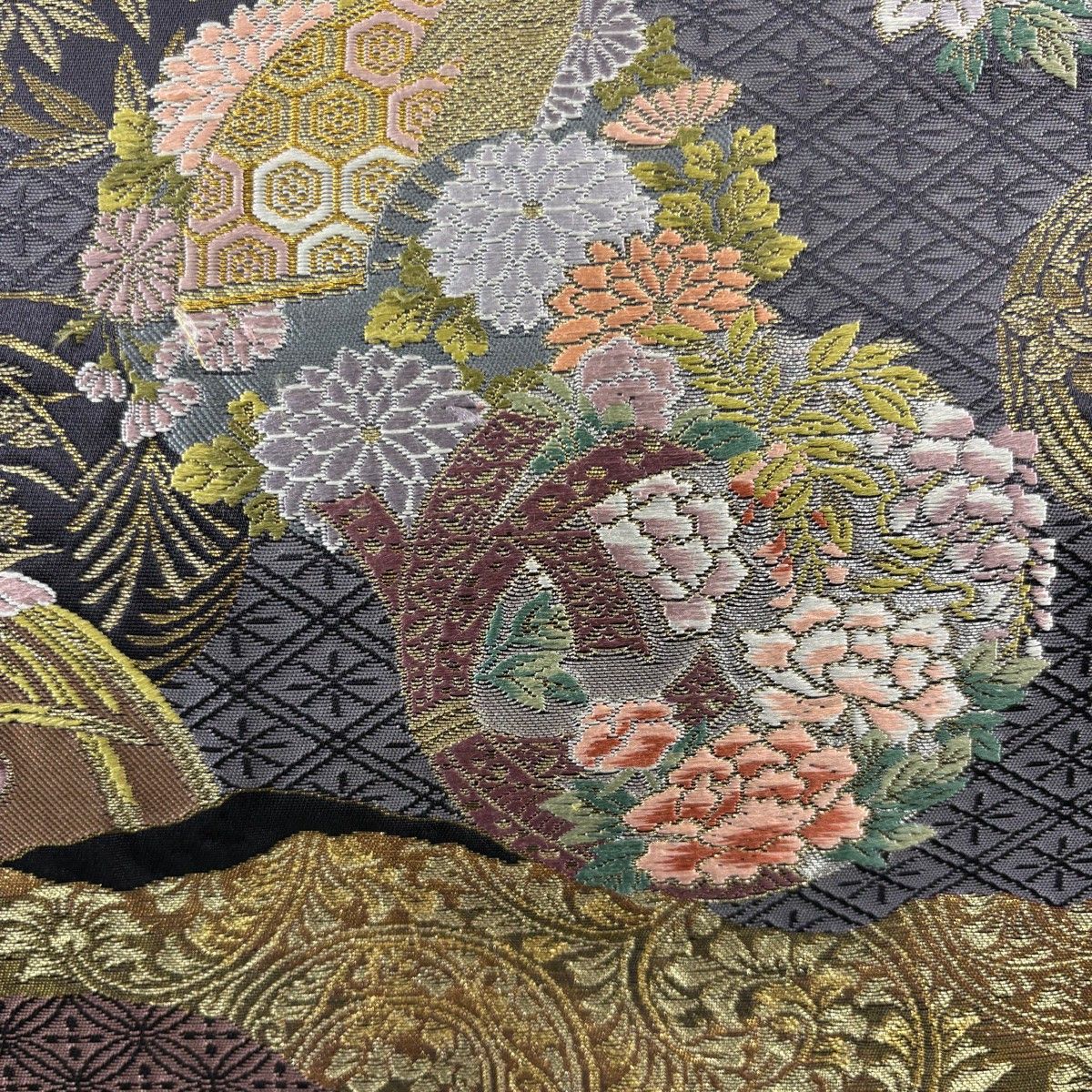 袋帯 秀品 鼓 花丸文 金銀糸 箔 紫 六通 正絹