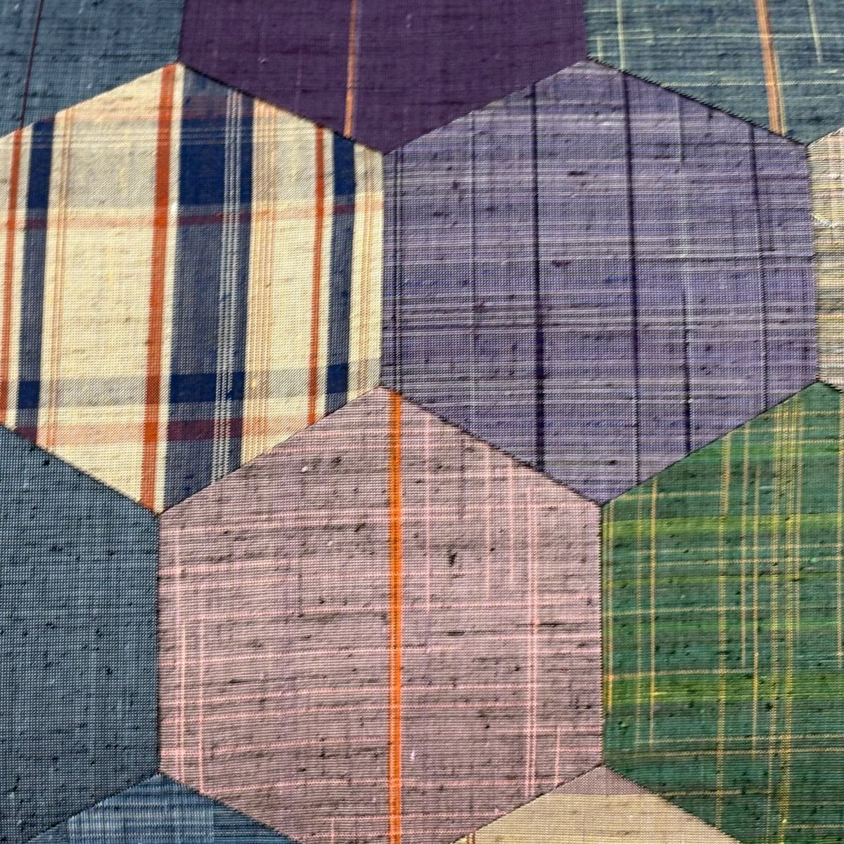 袋帯 秀品 紬地 亀甲 縦縞 切り嵌 紺色 全通 正絹