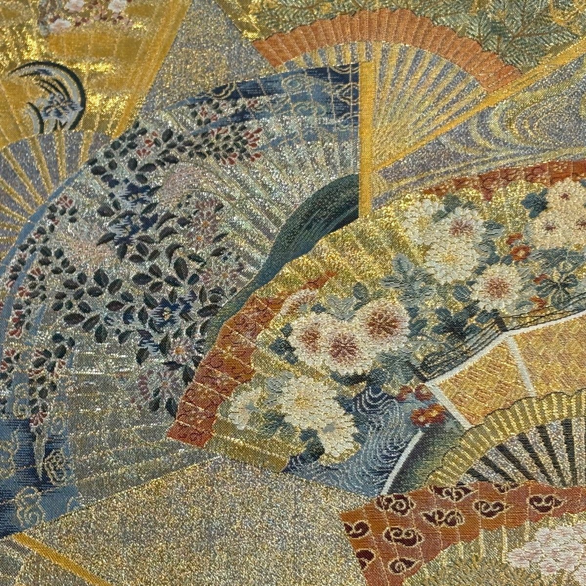 袋帯 秀品 落款 徳川美術館秘蔵 扇 花鳥 箔 金糸 金色 全通 正絹