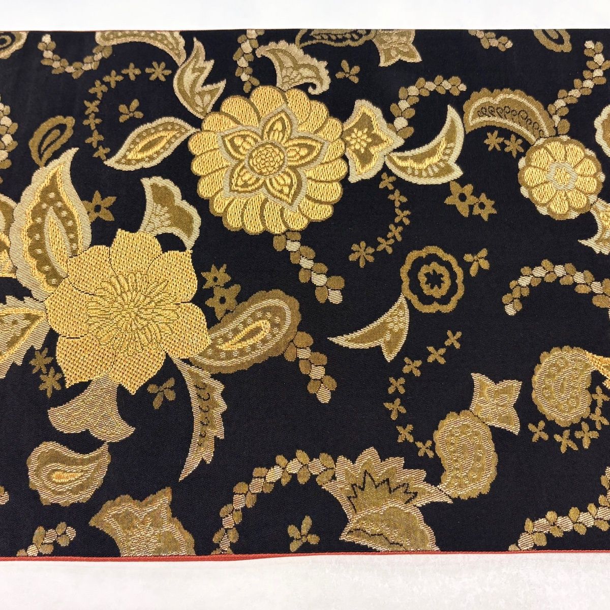 美品】 袋帯 秀品 斉藤三才 落款 草花 金糸 箔 黒 六通 正絹 【中古