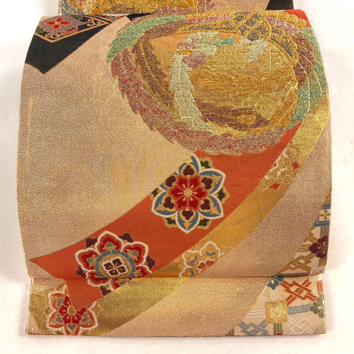 袋帯 秀品 鳳凰 華文 金銀糸 箔 金色 六通 正絹