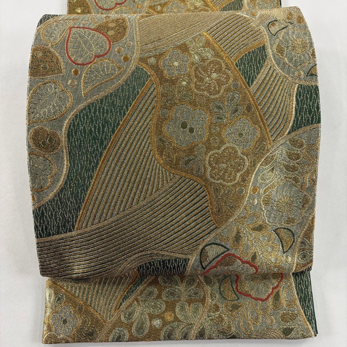 袋帯 秀品 梅 葉柄 金銀糸 箔 緑 六通 正絹