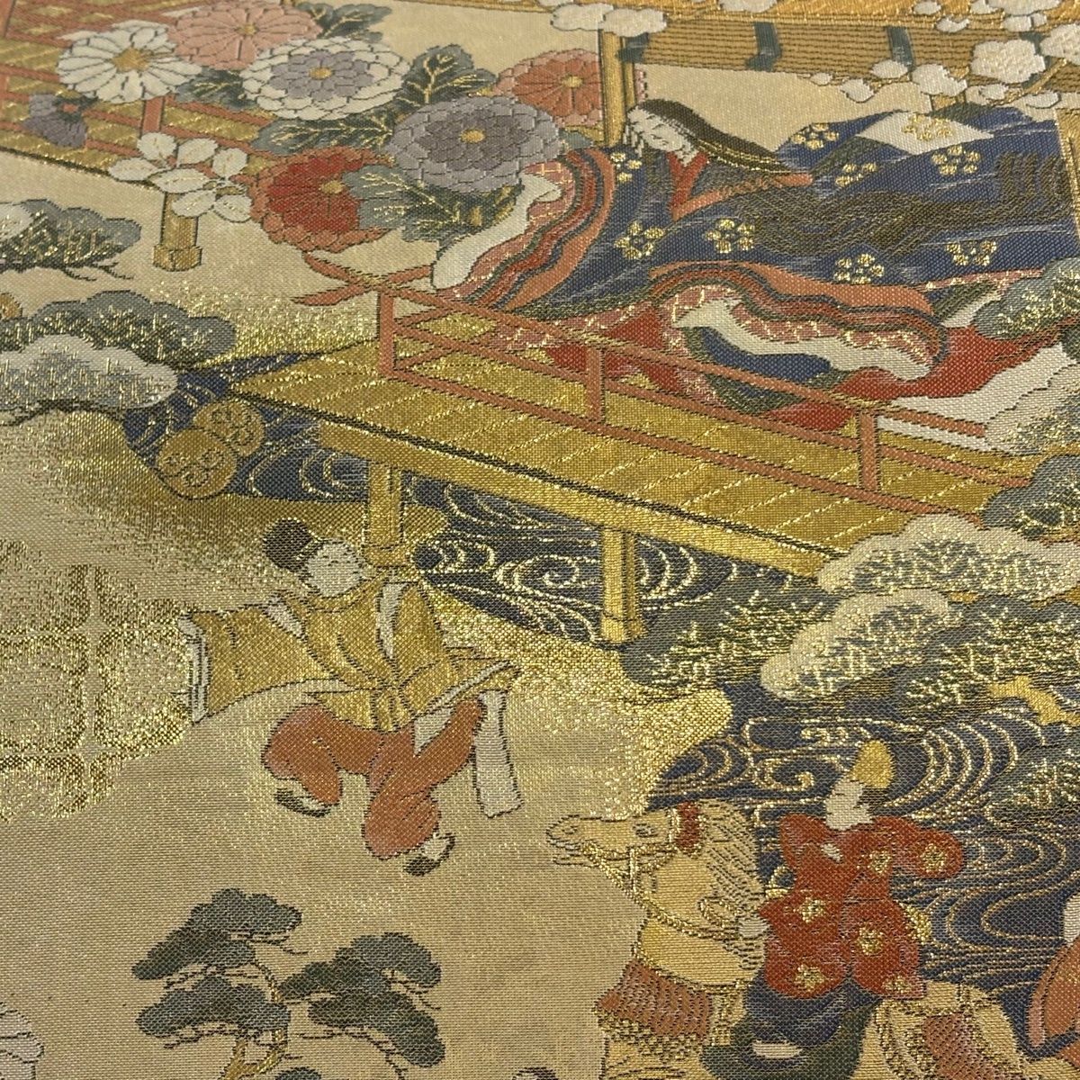 丸帯 秀品 御所風景 松梅 金糸 箔 金色 全通 正絹