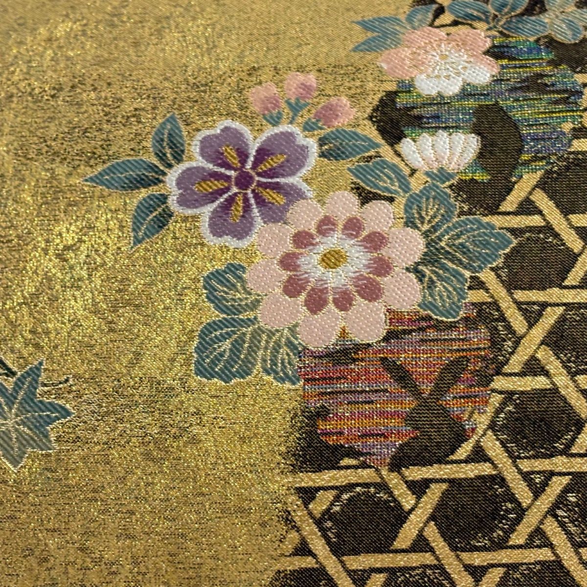 袋帯 秀品 草花 籠目 金糸 箔 金色 六通 正絹