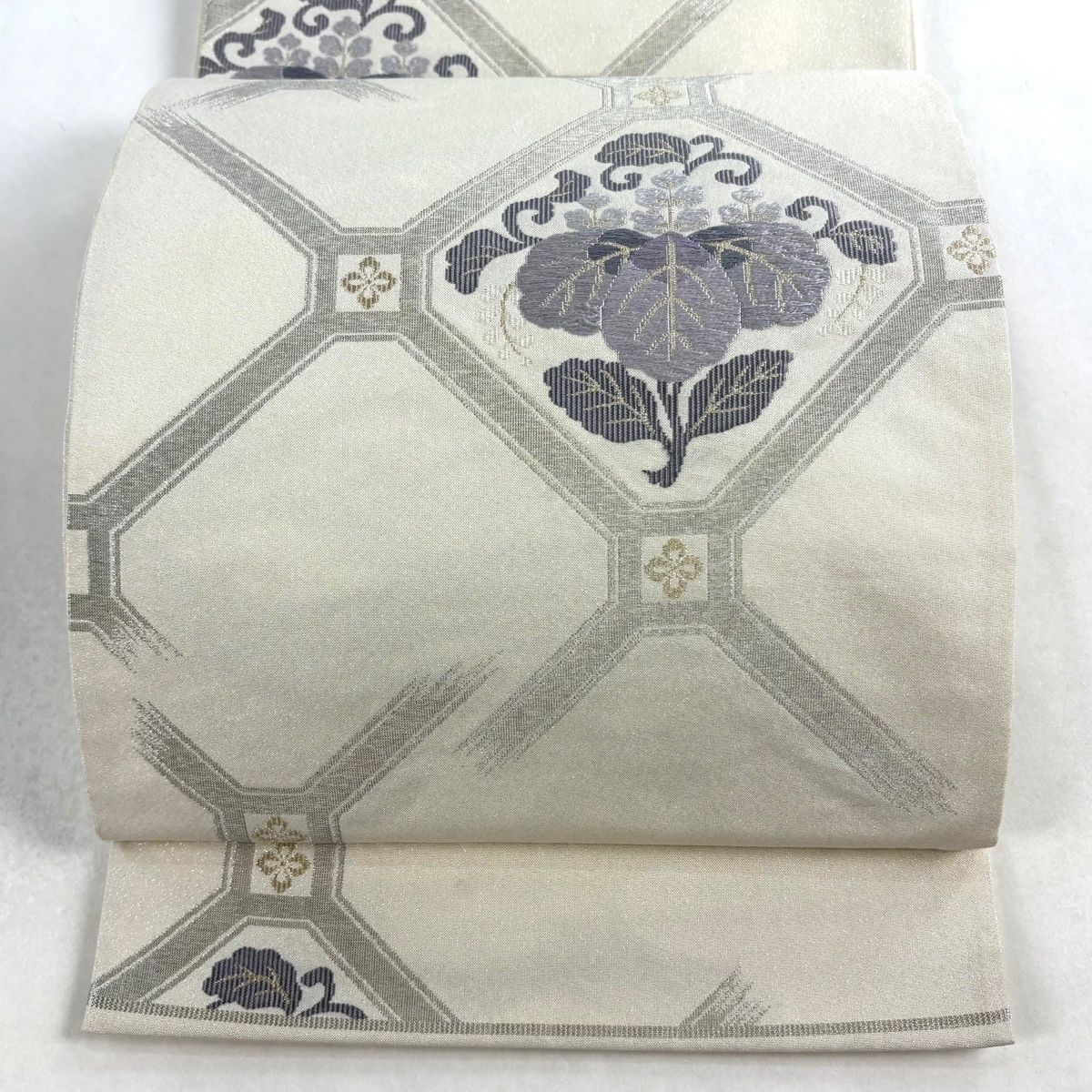 袋帯 秀品 関西仕立て 蜀江文 桐 銀通し 銀糸 灰白 六通 正絹