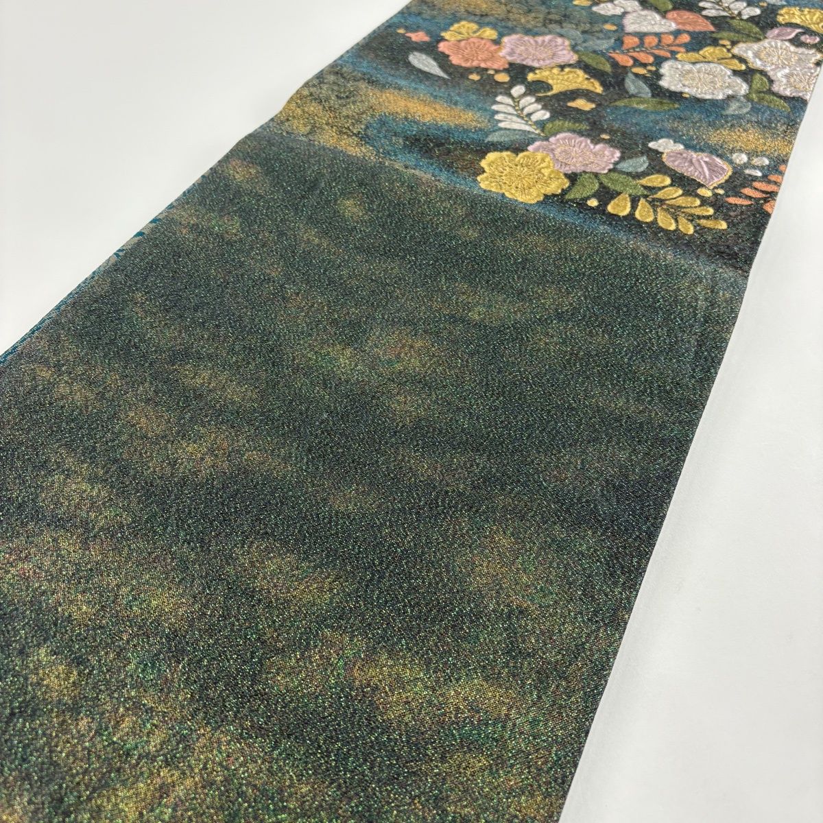 美品】 袋帯 秀品 辻が花柄 霞 金銀糸 箔 深緑 六通 正絹 【中古