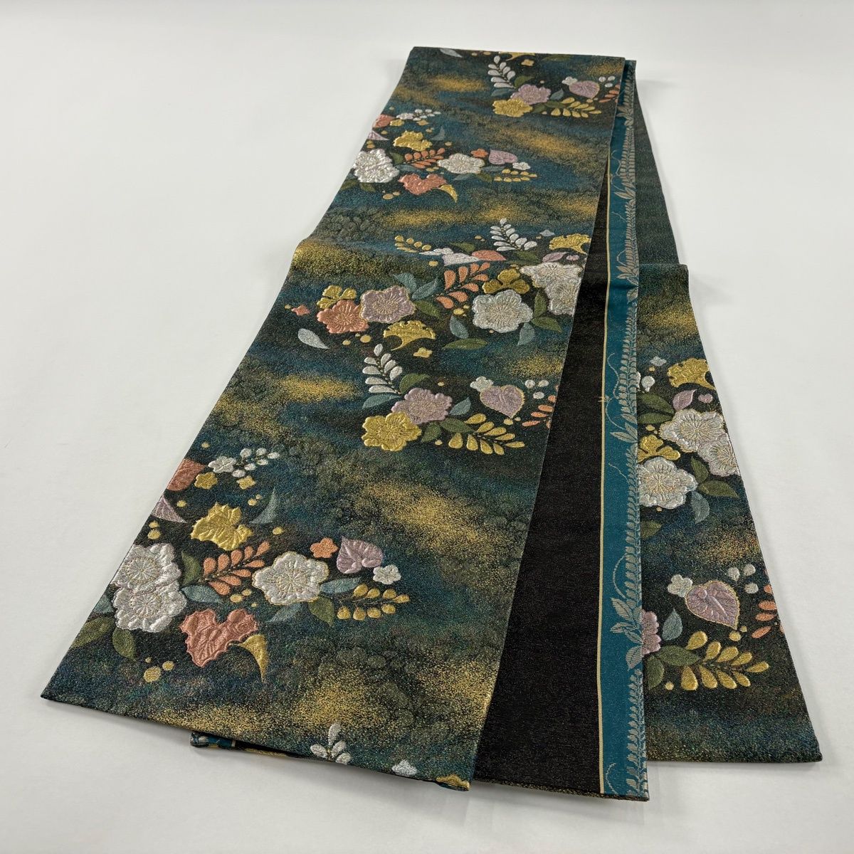 美品】 袋帯 秀品 辻が花柄 霞 金銀糸 箔 深緑 六通 正絹 【中古