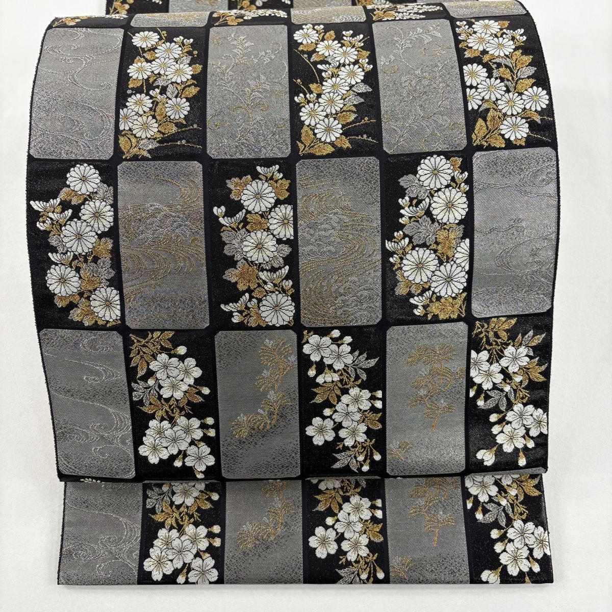 ☆ ゆー☆ 　袋帯 ブラック・シルバーグレー　金銀糸　六通　正絹 Prices down4）振袖 袋帯「シルバー ゆらぎ縞」 未仕立て 正絹帯 振袖