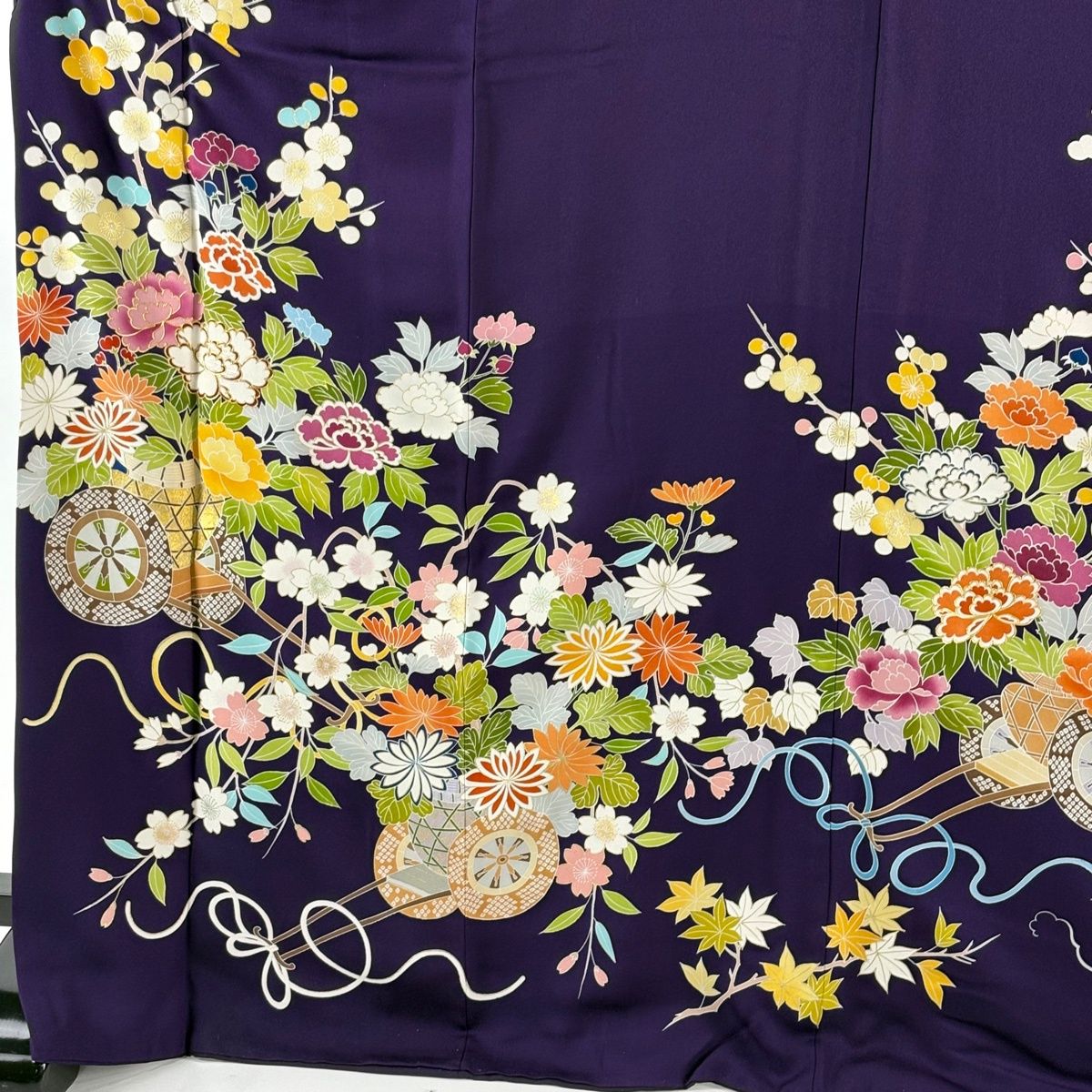 振袖 身丈173 cm 裄丈69 L 袷 千總 落款 花車 草花 金糸 金彩 紫 正絹