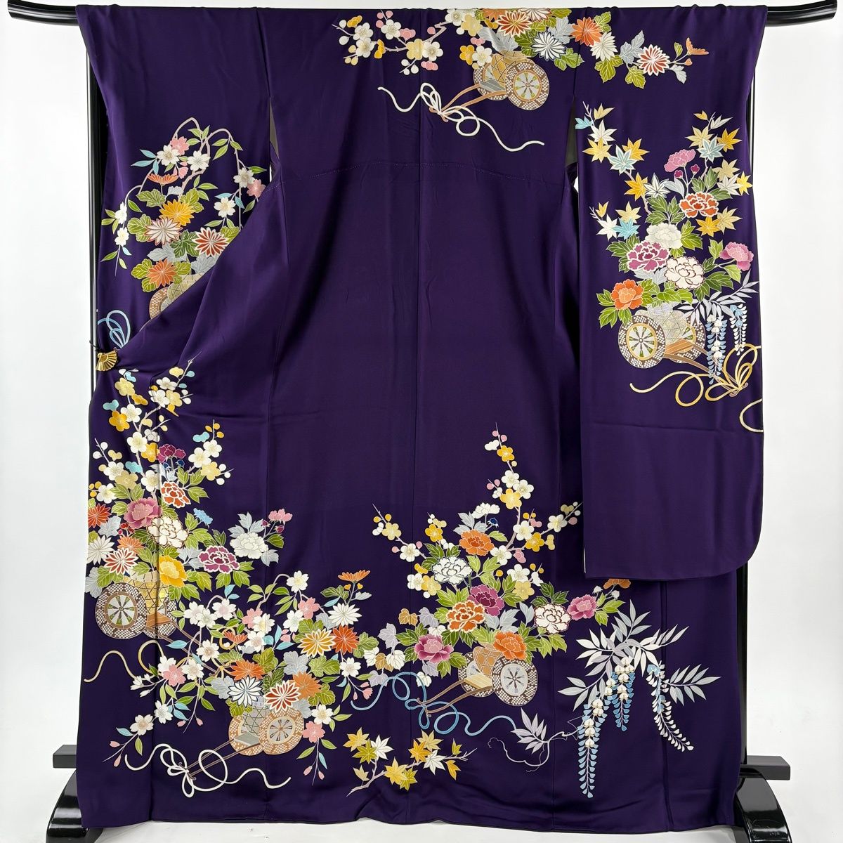 振袖 身丈173 cm 裄丈69 L 袷 千總 落款 花車 草花 金糸 金彩 紫 正絹
