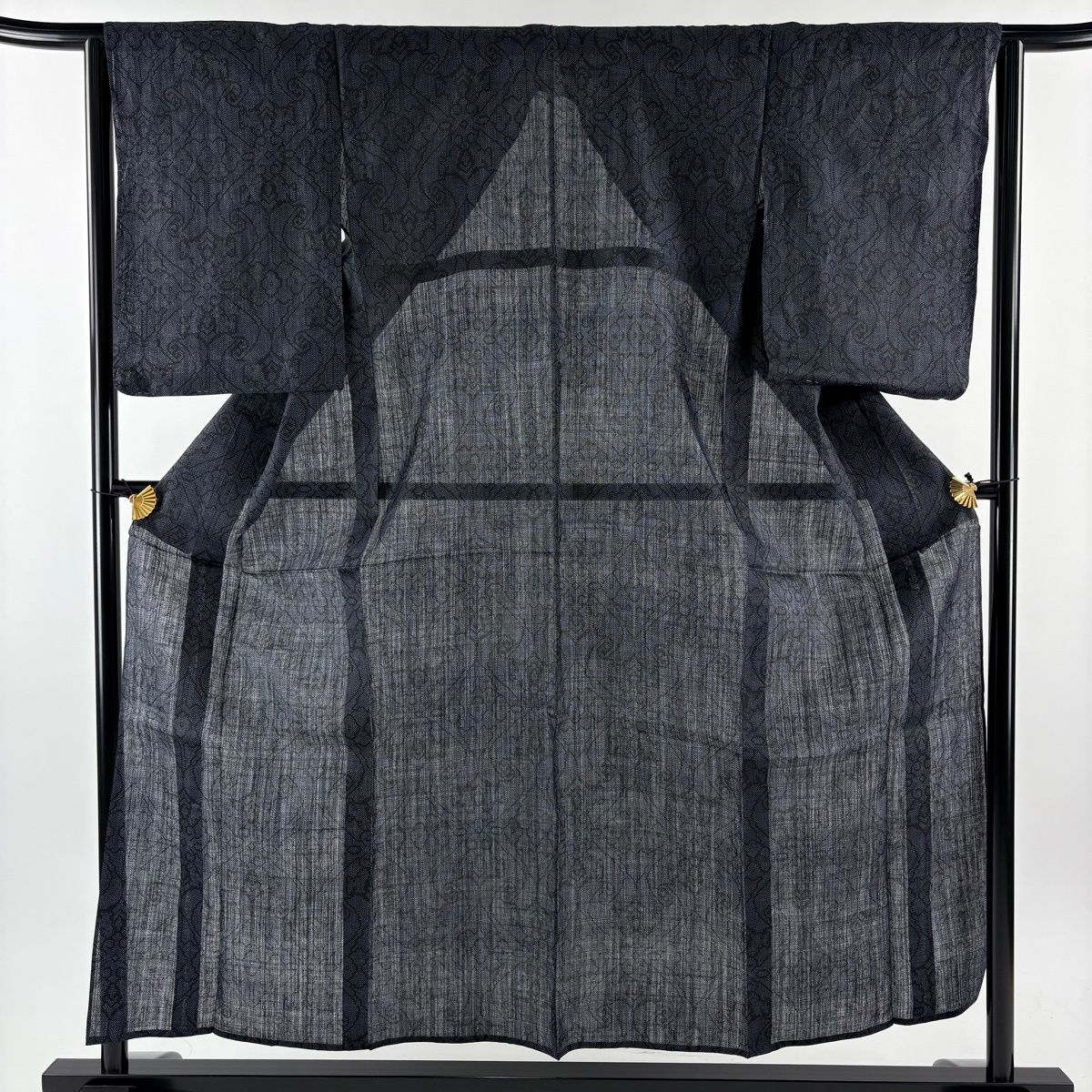 紬 身丈156 cm 裄丈63 S 薄物 夏紬 宮古上布 花 幾何学 紺色 麻