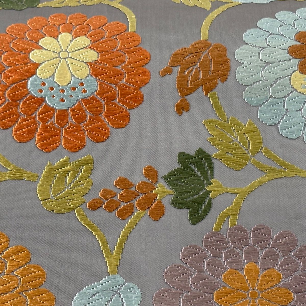 袋帯 河合美術織物 落款 菊 葡萄 唐織 灰色 六通 正絹