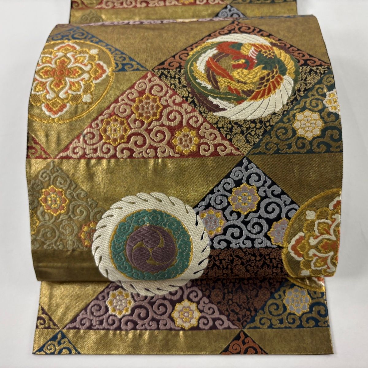袋帯 証紙 鳳凰 鱗 金糸 箔 金色 六通 正絹