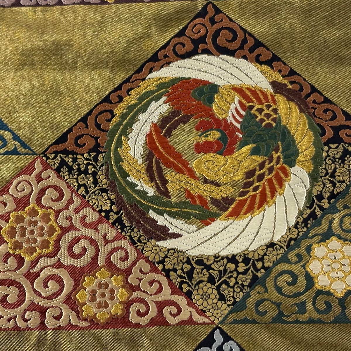 袋帯 証紙 鳳凰 鱗 金糸 箔 金色 六通 正絹