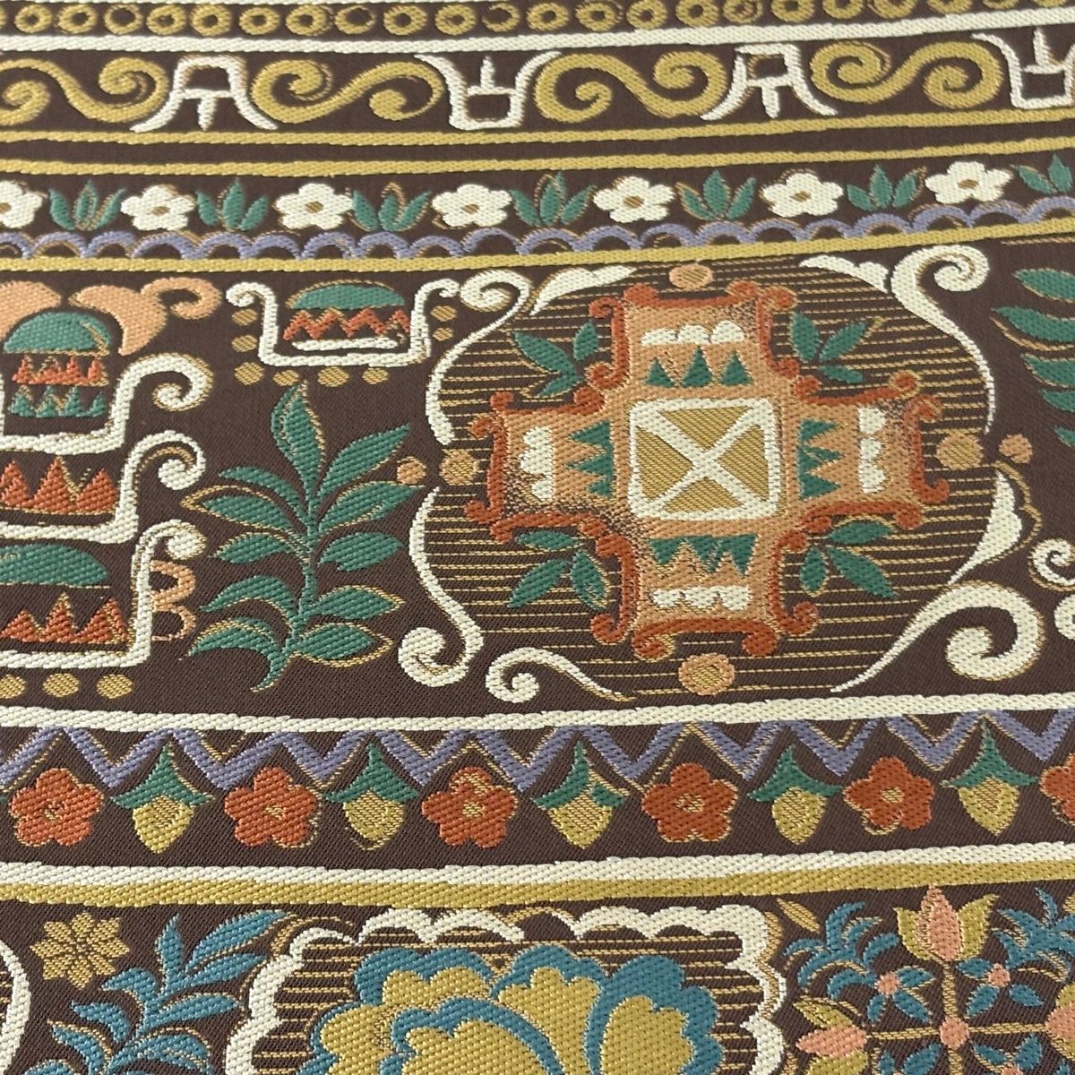 袋帯 川島織物 落款 縞 草花 焦茶色 六通 正絹