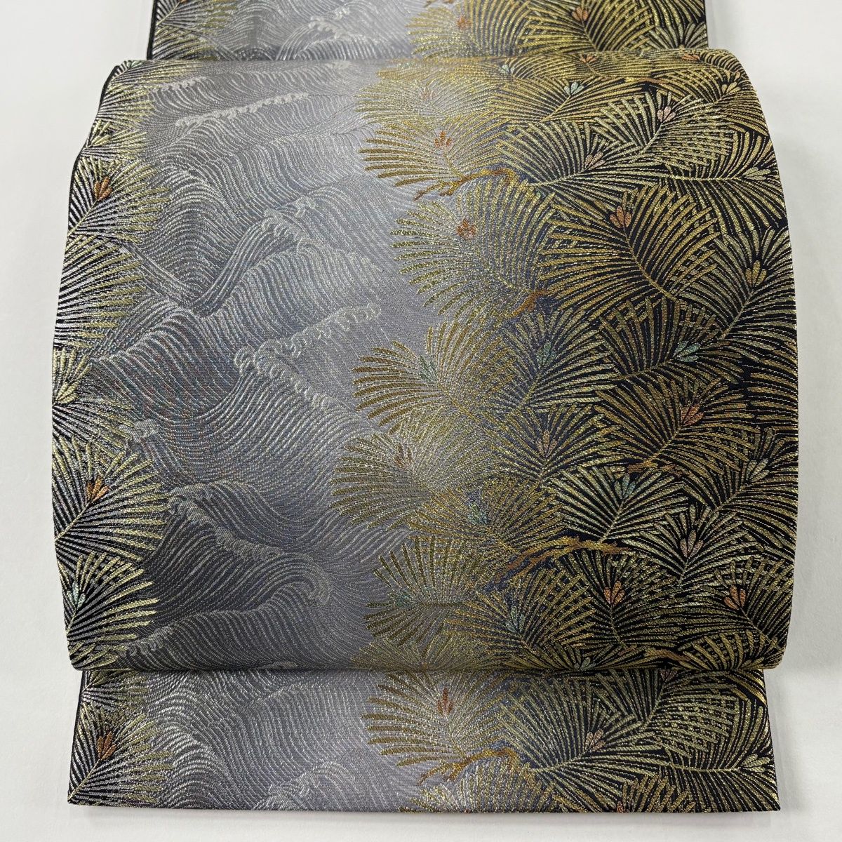 袋帯 秀品 若松 波 銀糸 箔 金色 六通 正絹