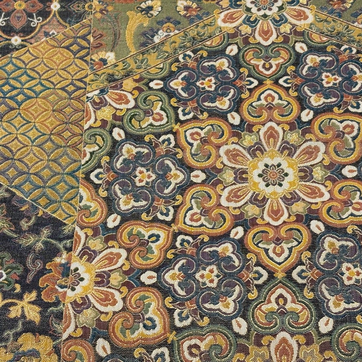 袋帯 秀品 華文 花唐草 箔 金糸 灰緑 六通 正絹