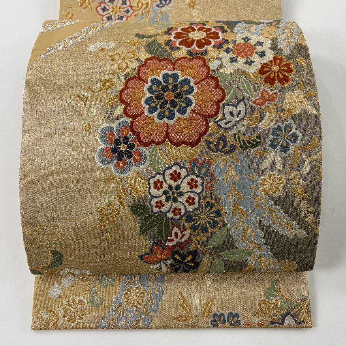 袋帯 秀品 華文 草花 金糸 箔 ベージュ 六通 正絹