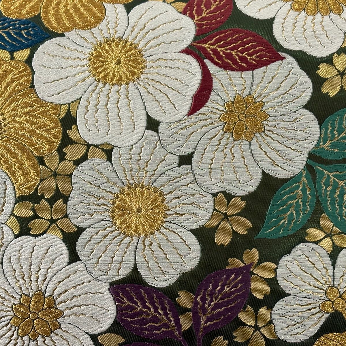 袋帯 秀品 草花 金糸 箔 深緑 六通 正絹