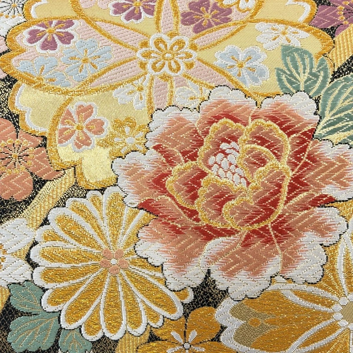 袋帯 秀品 牡丹 桜 金糸 箔 金色 六通 正絹