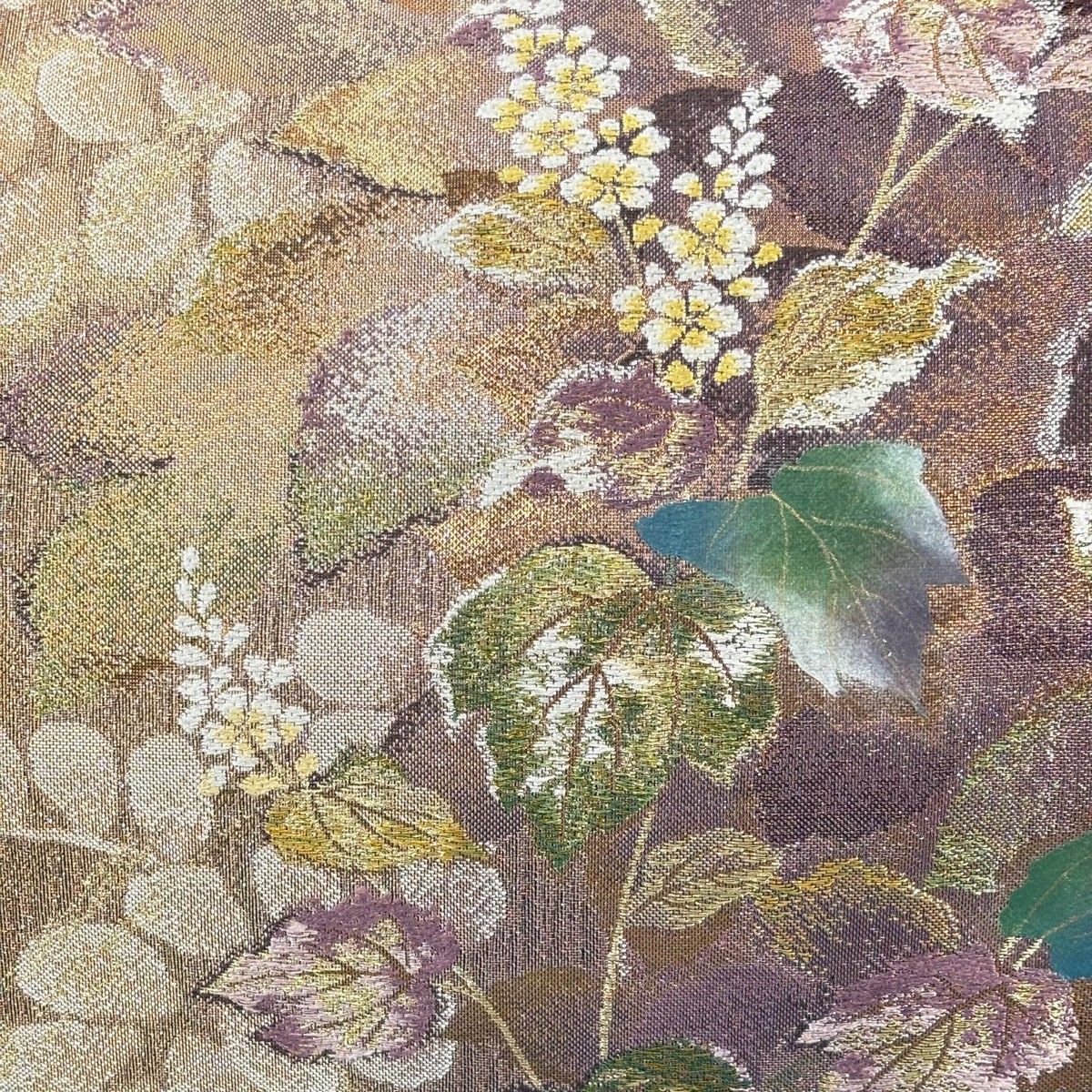 袋帯 秀品 やまと 草花 金糸 箔 灰紫 お太鼓柄 正絹