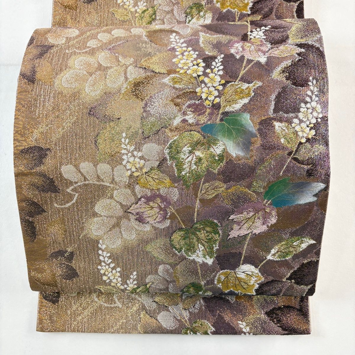 袋帯 秀品 やまと 草花 金糸 箔 灰紫 お太鼓柄 正絹