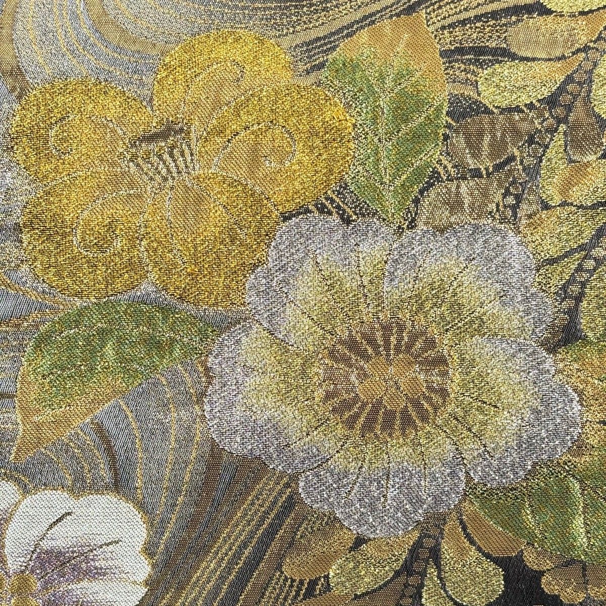 袋帯 秀品 辻が花柄 流水 金銀糸 箔 銀色 六通 正絹