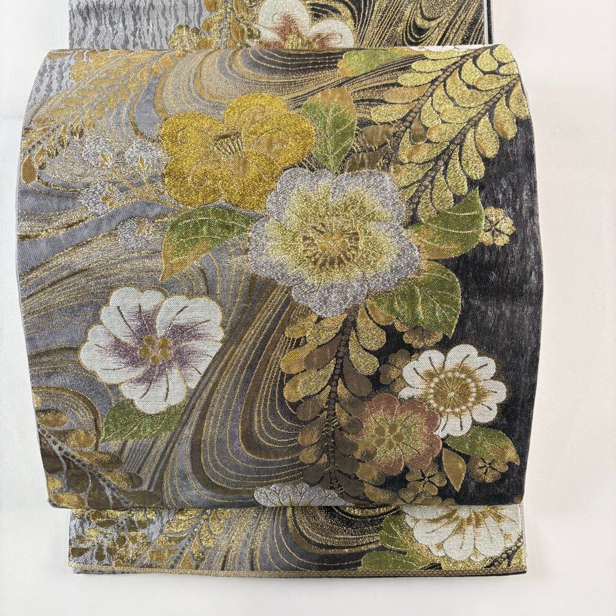 袋帯 秀品 辻が花柄 流水 金銀糸 箔 銀色 六通 正絹