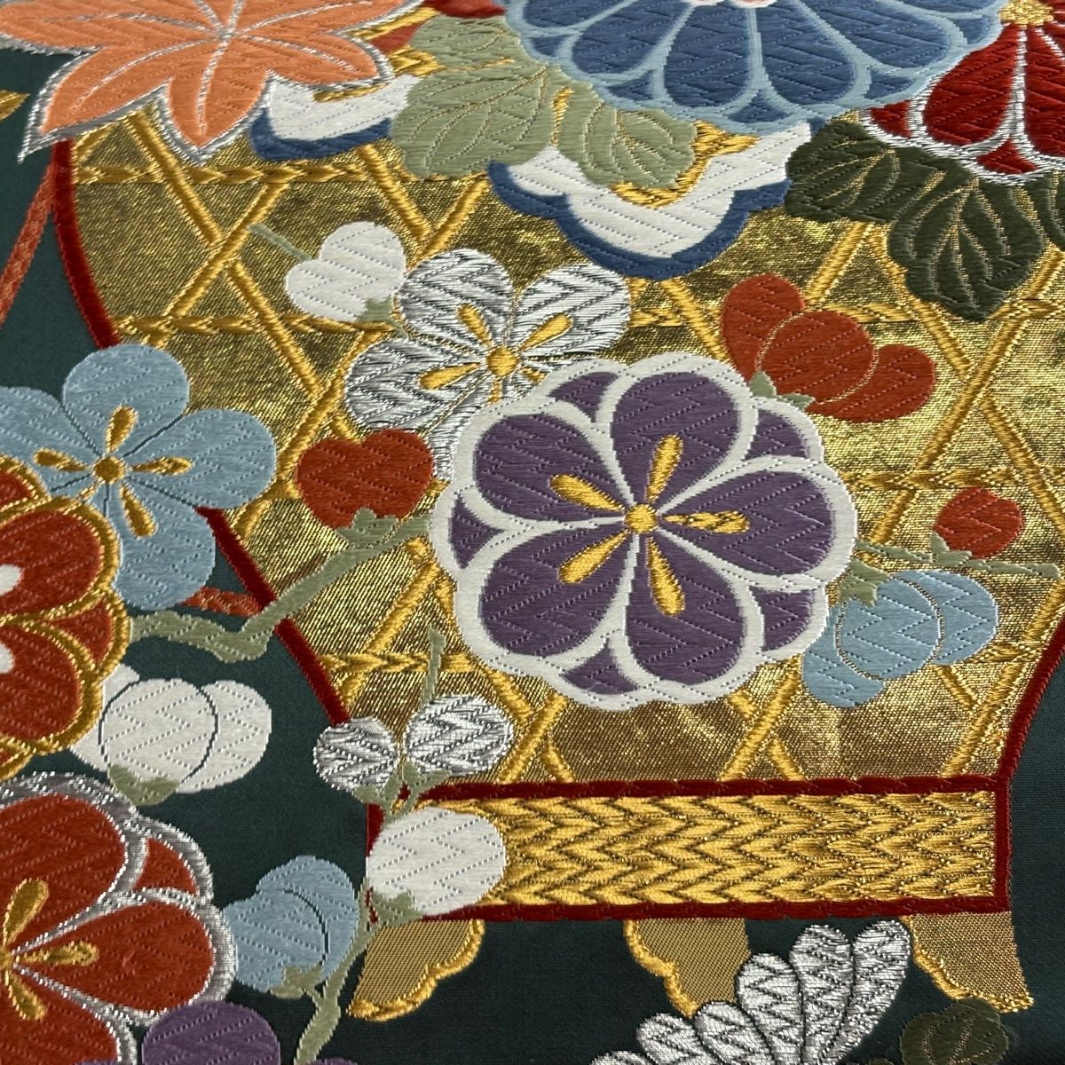 袋帯 秀品 菊 梅 金銀糸 箔 深緑 六通 正絹