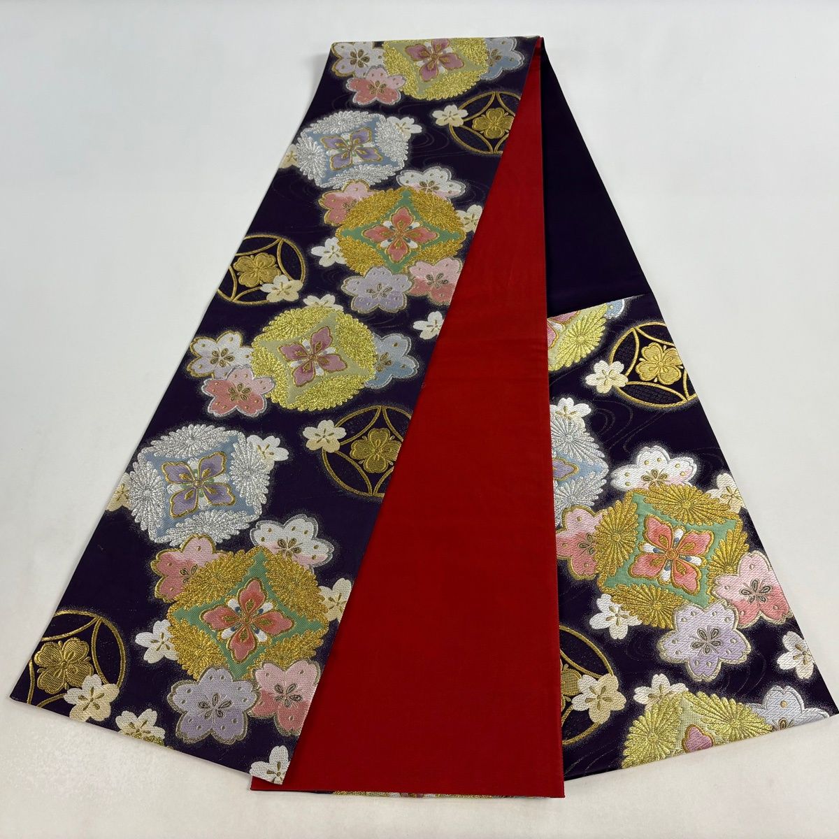 袋帯 秀品 桜 七宝 金銀糸 箔 濃紫 六通 正絹 袋帯 帯