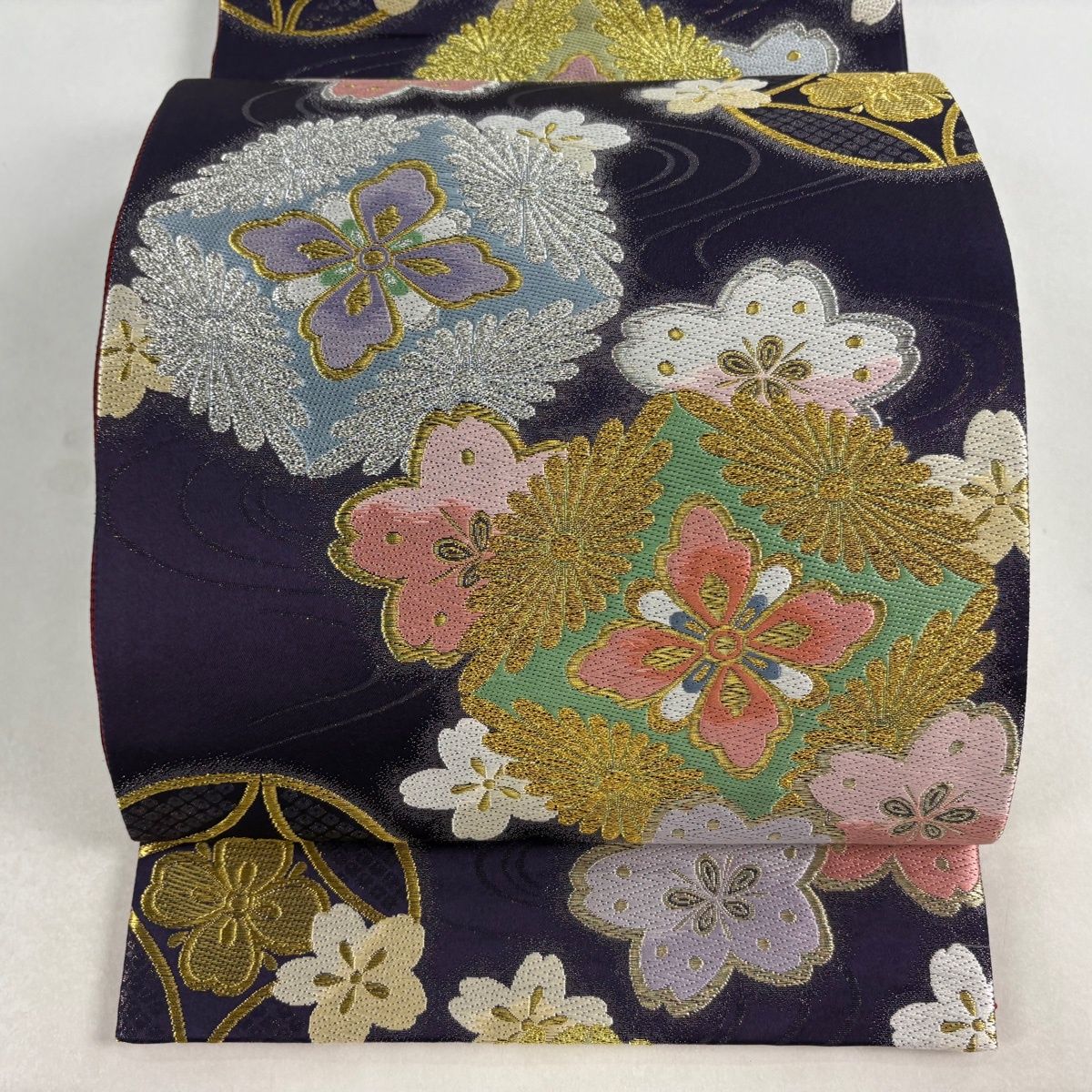 袋帯 秀品 桜 七宝 金銀糸 箔 濃紫 六通 正絹