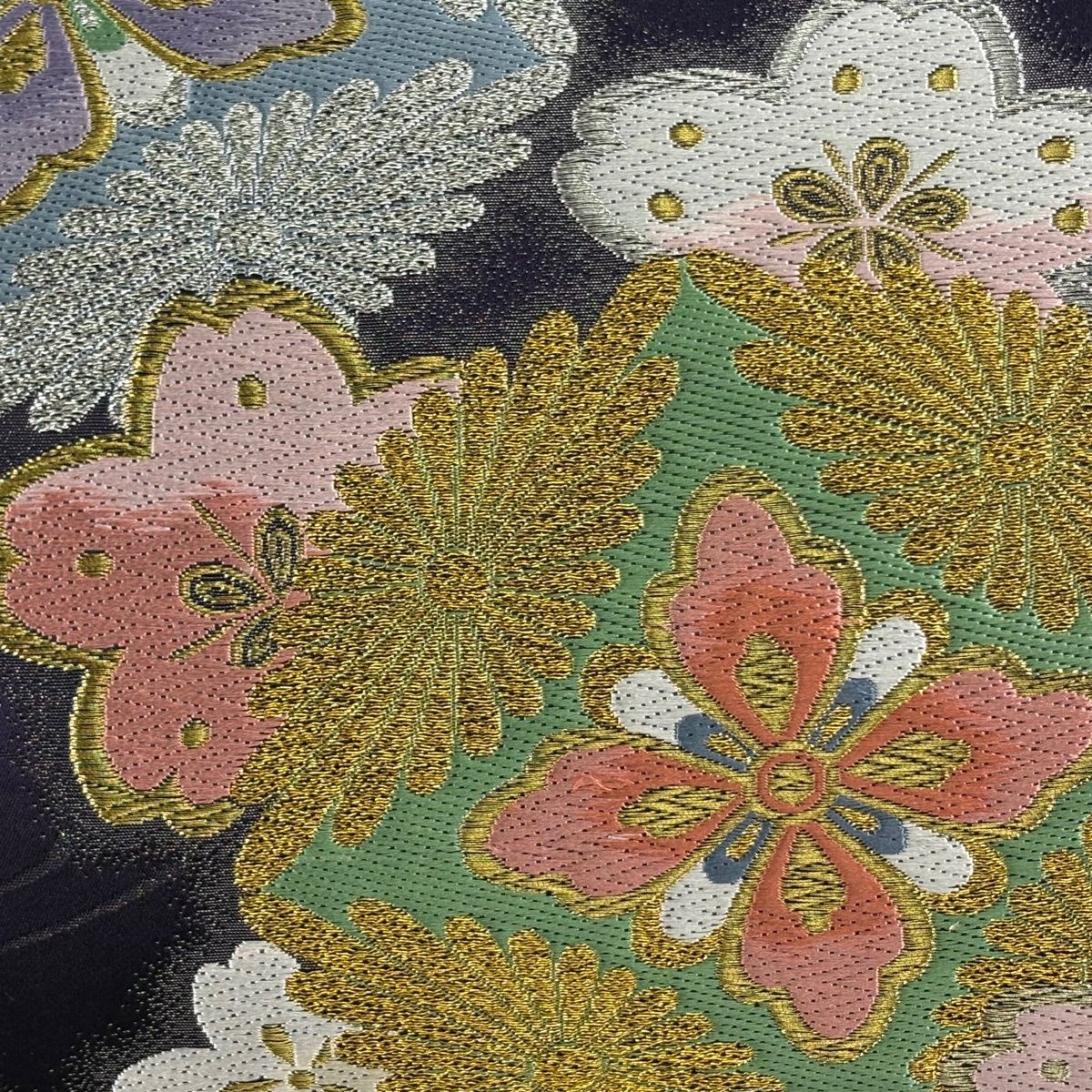 袋帯 秀品 桜 七宝 金銀糸 箔 濃紫 六通 正絹