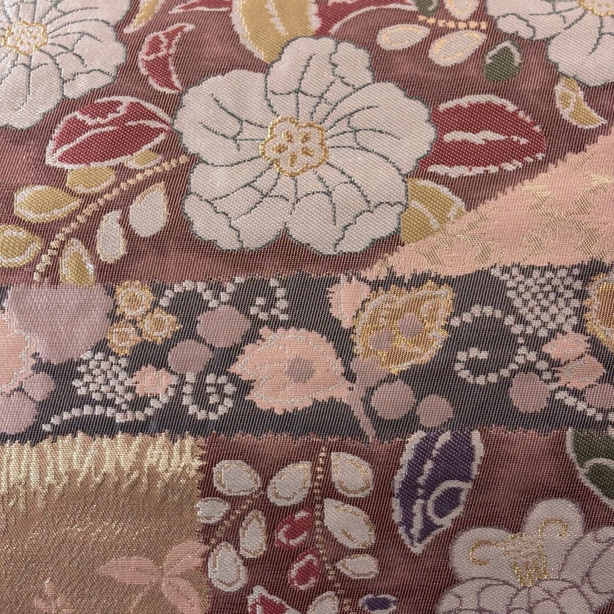 袋帯 秀品 関西仕立て 草花 金糸 箔 ピンク 六通 正絹