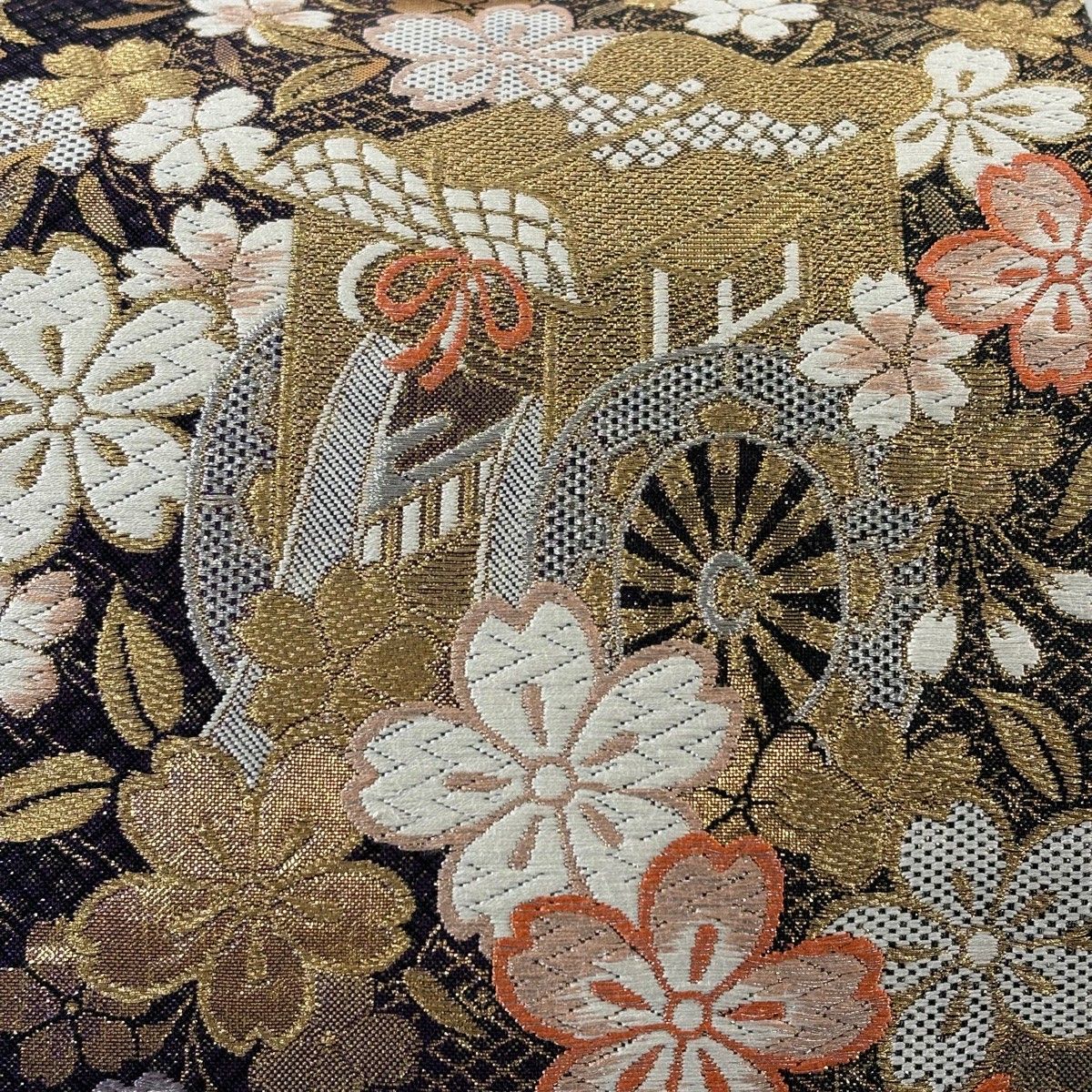 袋帯 秀品 やまと 御所車 桜 金銀糸 箔 濃紫 六通 正絹