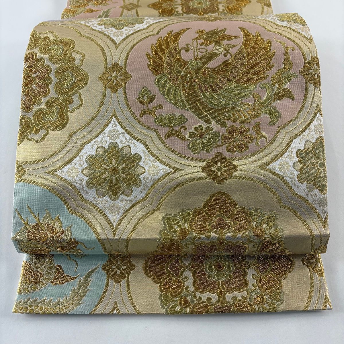 袋帯 秀品 華文 鳥 本金糸 本金箔 金色 六通 正絹