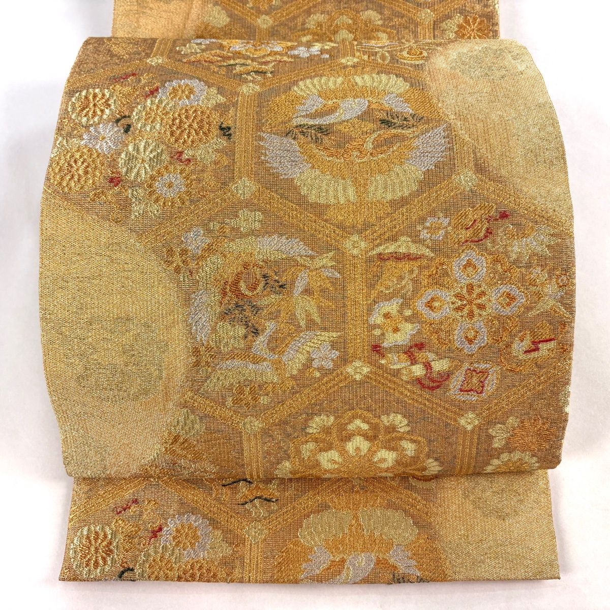 美品】 袋帯 秀品 華文 向かい鳥 金銀糸 箔 金色 六通 正絹 【中古
