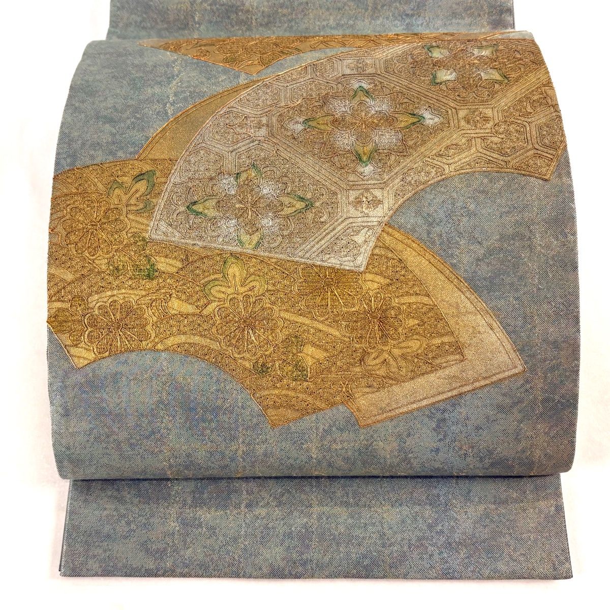 袋帯 秀品 華文 扇面 金銀彩 刺繍 灰緑 お太鼓柄 正絹