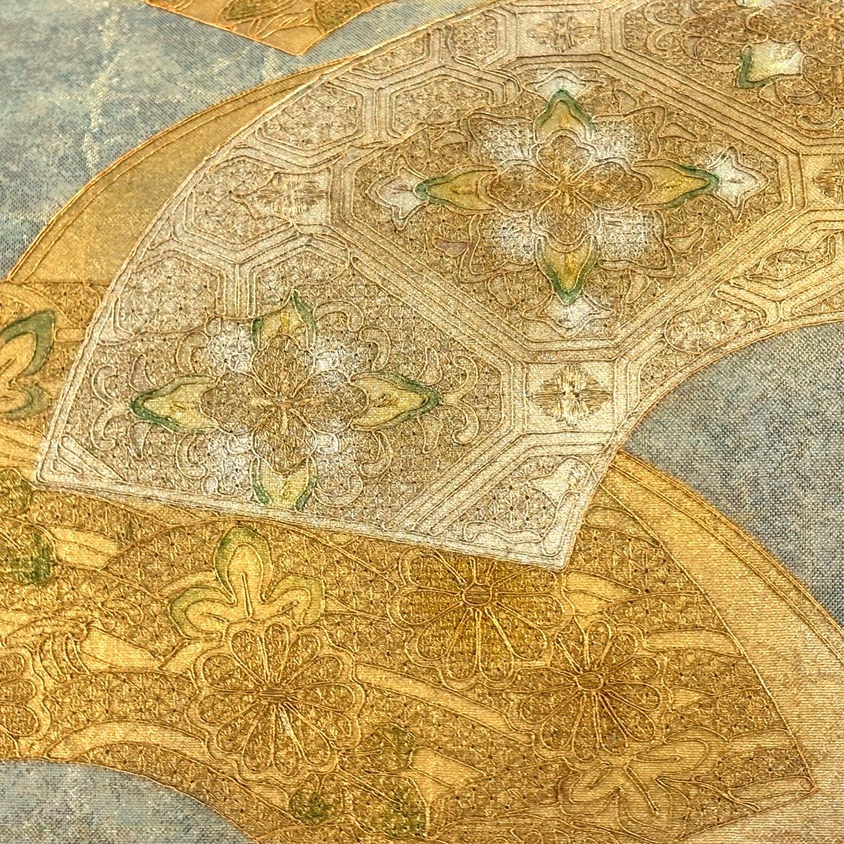 袋帯 秀品 華文 扇面 金銀彩 刺繍 灰緑 お太鼓柄 正絹