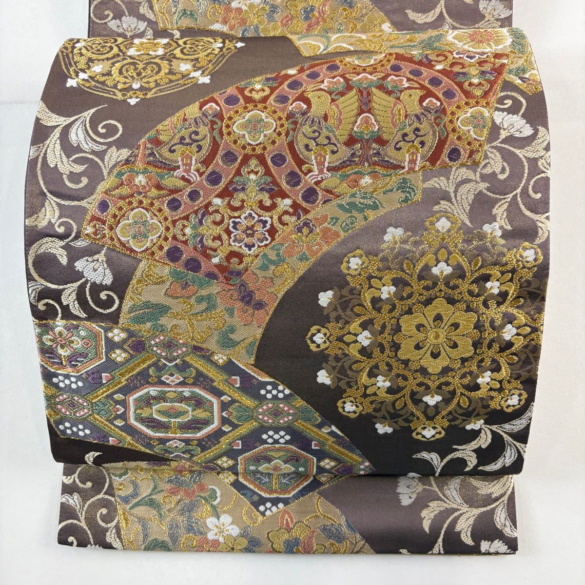 袋帯 秀品 扇面 花鳥 刺繍 金糸 灰紫 六通 正絹