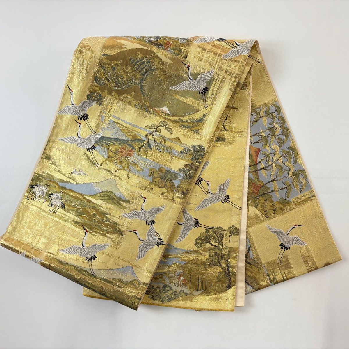 美品】 袋帯 秀品 富獄三十六景 鶴 箔 刺繍 金色 六通 正絹 【中古