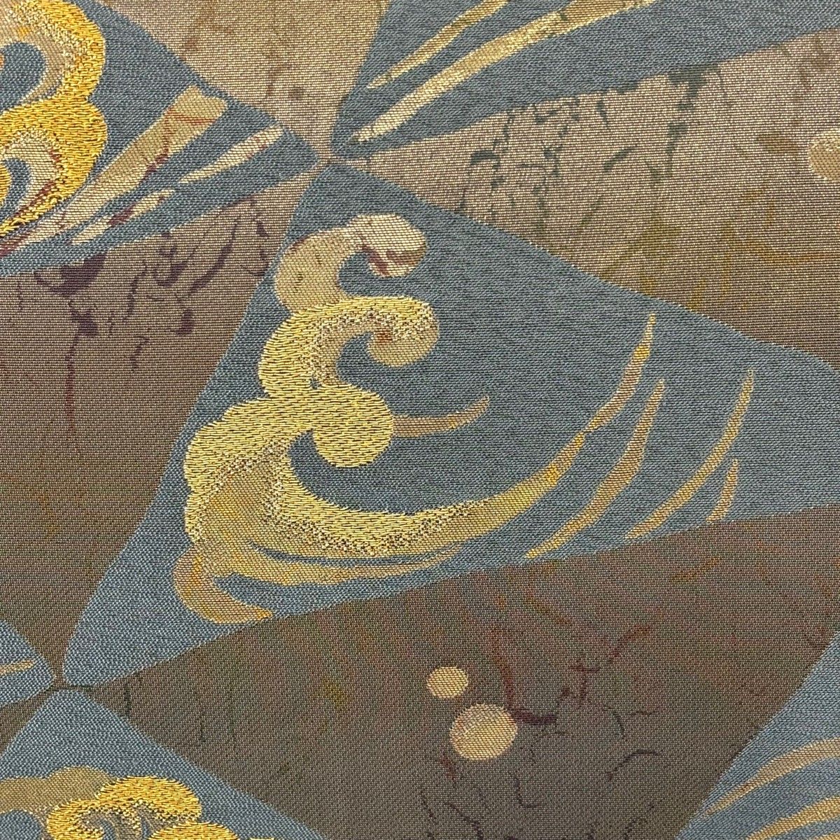 袋帯 秀品 波頭 幾何学 金糸 箔 金茶 六通 正絹
