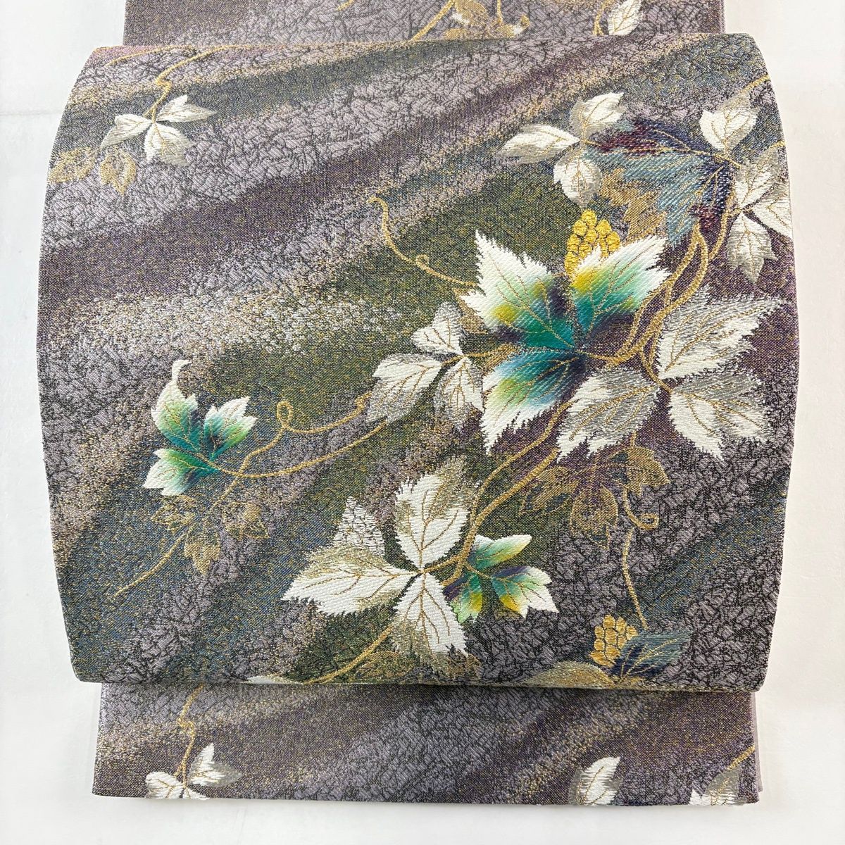 袋帯 秀品 やまと 葉と実 箔 金銀糸 紫 六通 正絹