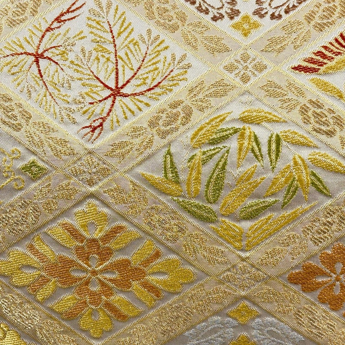 袋帯 秀品 川島織物 落款 菱 鳥 金糸 箔0 ベージュ 六通 正絹 【中古