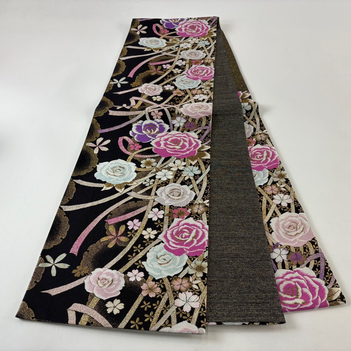  袋帯 秀品 薔薇 桜 箔 金糸 黒 六通 正絹 袋帯 帯