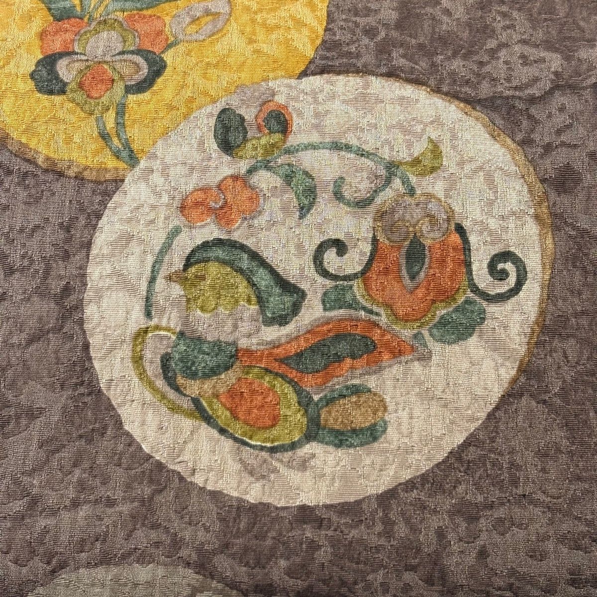 袋帯 秀品 花鳥 丸文 小豆色 全通 正絹