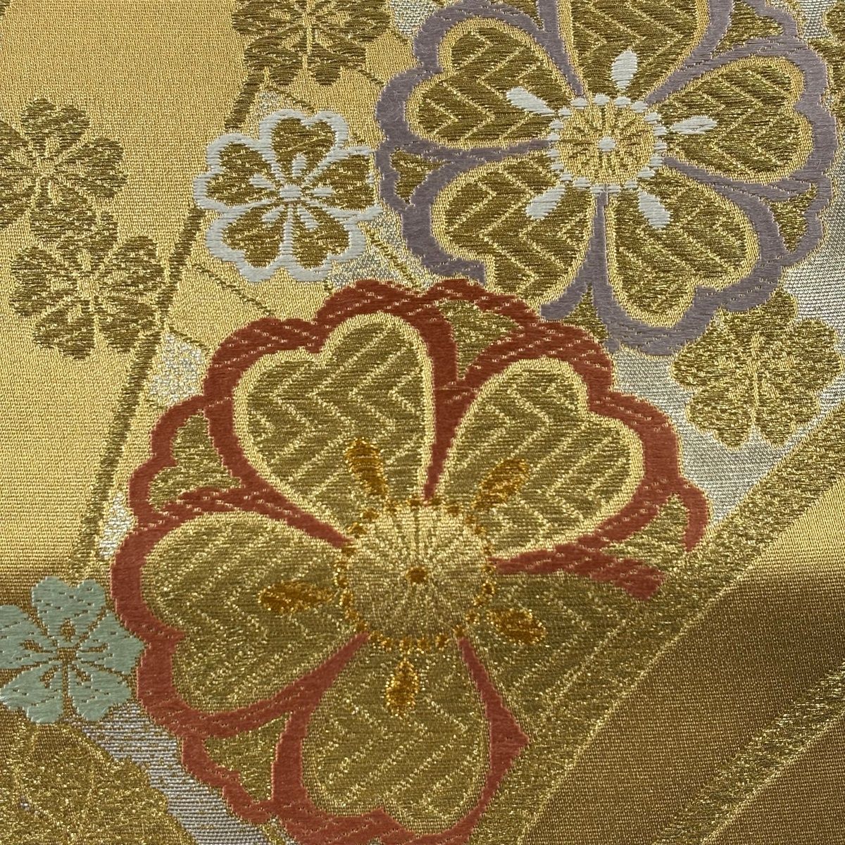 袋帯 秀品 桜 幾何学 唐織 箔 金色 六通 正絹